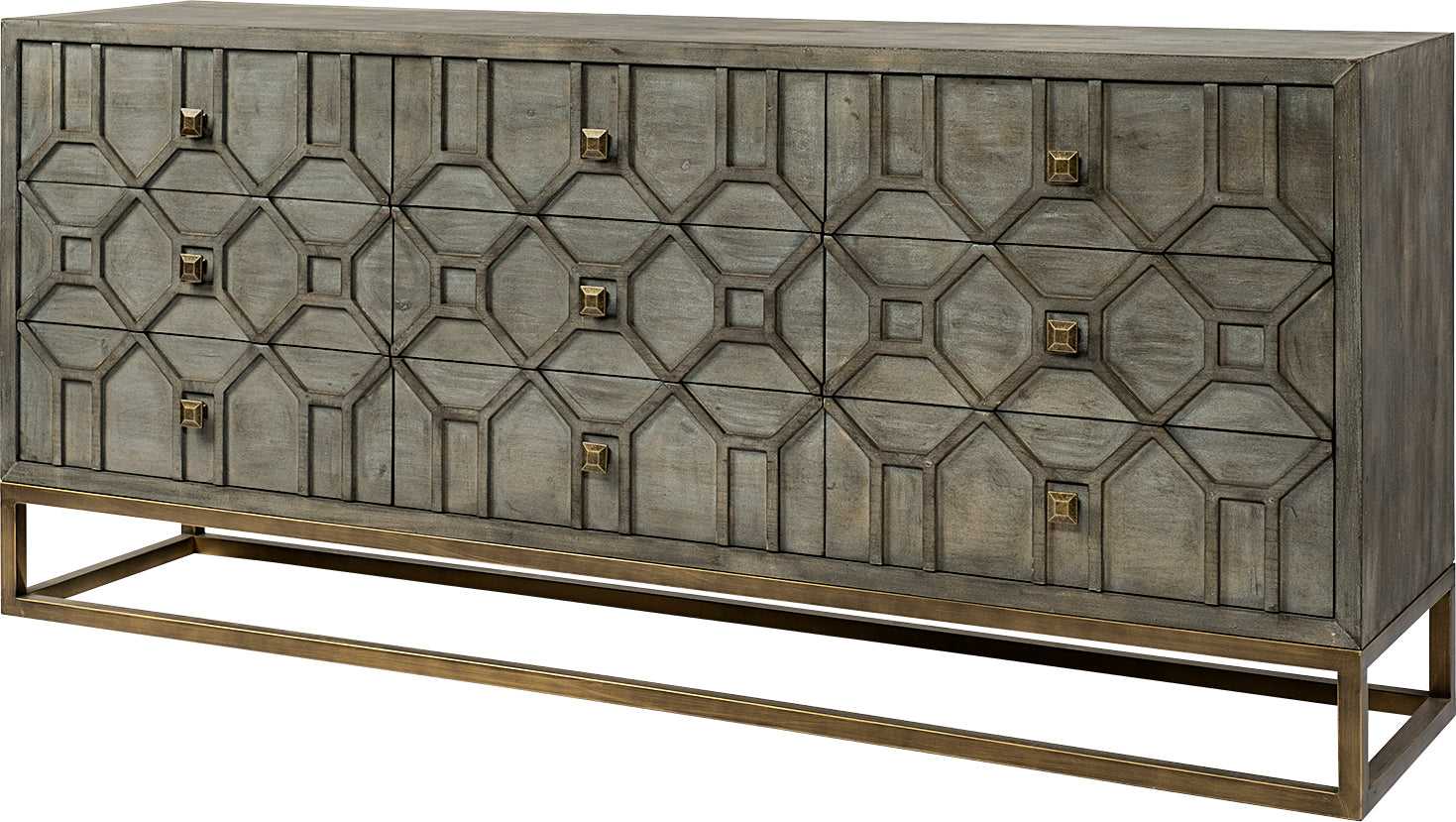 Genevieve II 70x15.8 Gray Wood Frame Gold Metal Base 9 Drawer Sideboard