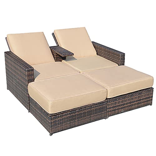 Outsunny 3 Piece Patio Wicker Sofa Set Outdoor Loveseat Recliner Lounge with Ottoman Footrests and Cushions, for Backyard Garden Deck, Brown