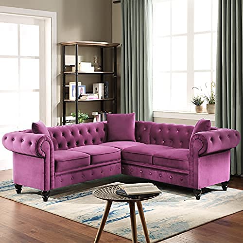 NOSGA Tufted Velvet Upholstered Rolled Arm Classic Chesterfield Sectional Sofa, 5 Seater Couches with 3 Pillows for Living Room (Purple)