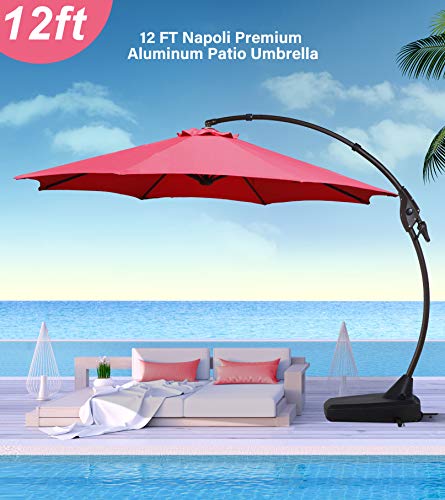 Goognice Grand Patio Offset Hanging Umbrella Large Aluminum Patio Cantilever Outdoor Umbrella with Base for Garden, Backyard, Beach, Market, Pool (12ft, Red, Base)