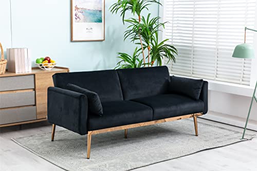 Udforsk Velvet Fabric Sofa Couch 68.5 inch Wide Mid Century Modern Living Room Couch with Metal feet 700lb Heavy Duty European Style loveseat Sofa (Black)