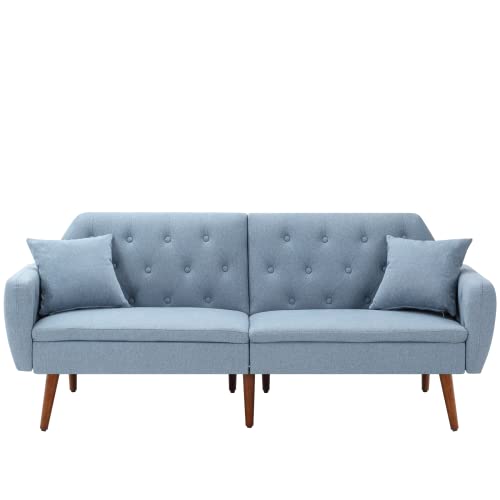 GYUTEI Convertible Futon Sofa Bed Modern Linen Sofa Couch Sleeper Sofa with Adjustable Backrest 2 Pillows Wooden Leg for Living Room Office Small Space(Blue)
