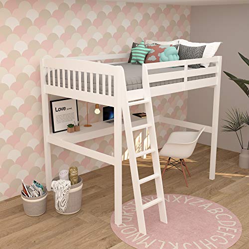 High Loft Wood Bed with Desk, Yes4Wood Everest, 100% Pinewood, No Box Spring Needed. (White, Full)