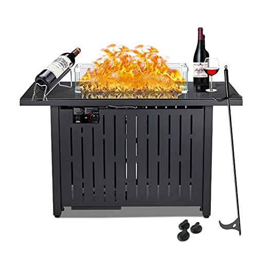 NAVINE Outdoor Propane Gas Fire Pit Table CSA Approved Safe 60,000BTU Auto-Ignition Propane Gas Fire Table - Glass Wind Guard Black Tempered Glass Tabletop Original Volcanic Rock. (Black)