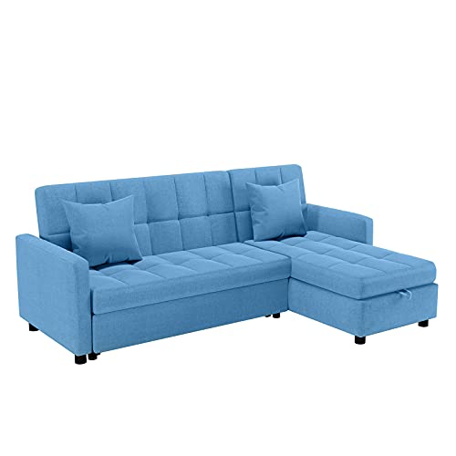 Helia Reversible Sectional Sofa Sleeper, Blue Sectional Couch Pull Out Sofa Bed L Shaped Upholstered Sofa Bed with Left or Right Handed Storage Chaise for Living Room Furniture Set