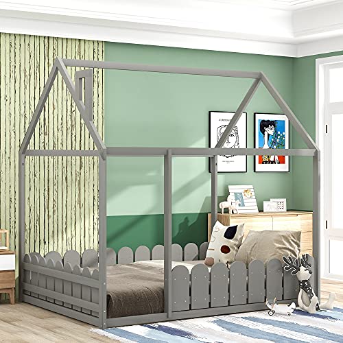 House Bed Full Kids Bed Frame with Roof and Fence, Box Spring Needed, for Toddlers, Kids, Teens, Girls, Boys (Gray )