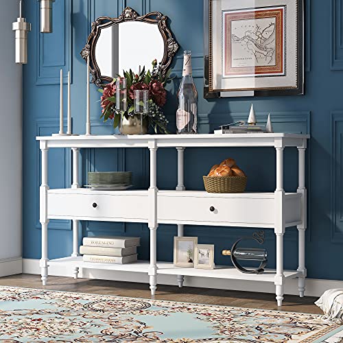 Harper & Bright Designs Rustic Console Table Buffet Sideboard Sofa Table with 3-Tier Open Storage Shelf and Two Drawers for Living Room, Entryway, Hallway, Bedroom and Dining Room（White）