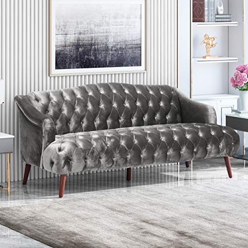 Esther Modern Glam Tufted Velvet 3 Seater Sofa, Smoke and Walnut