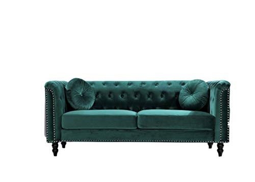 US Pride Furniture Modern Style High Density Foam 75.98'' Wide Emerald Green Velvet Rolled Arm Chesterfield Living Room Removable Cushion & Solid Wood Legs (S5608-5613) Sofas