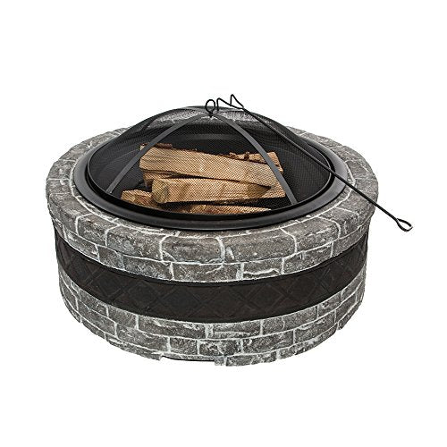 Sun Joe SJFP35-CS-STN Cast Stone Base, Wood Burning Fire Pit w/Dome Screen, Charcoal Gray