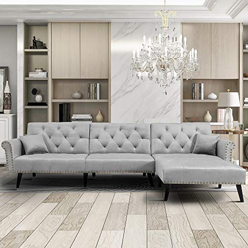 Rhomtree Sectional Sofa Couch with Lounge Chairs Velvet Convertible Sofa Bed with Adjustable Back Day Bed Nailhead Trim Living Room Furniture (Grey)