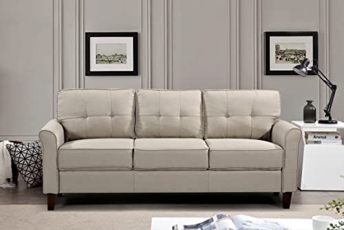 Container Furniture Direct Kouchouk Velvet Comfy Three Seater Living Room Furniture Modern Mid Century Couch Chesterfield Sofa for Apartment, Bedroom, and Office, Beige/Tan