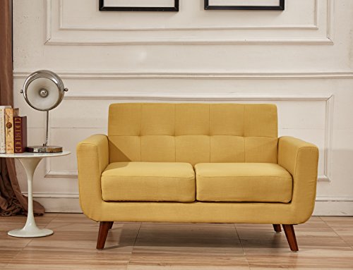 Container Furniture Direct Jenny Linen Uphostered Mid-Century Modern Button Tufted Living Room Loveseat, Honey
