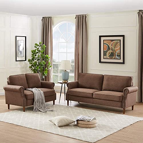 GAOPAN Modern Linen Upholstered Sectional Sofa Easy Assemble 2 Piece Living Room Furniture Set Include 3 Seater Couch and Loveseat for Home and Apartment, Brown