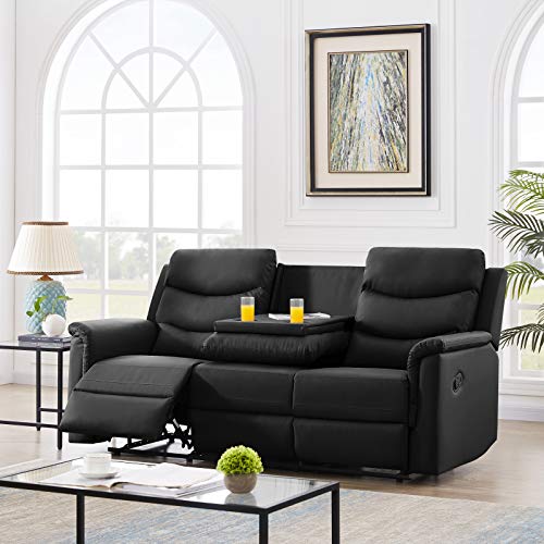 Pannow Double Recliner Loveseat with Console Slate, Double Reclining Sofa with Cup Holder, 3-Seater with Flipped Middle BACKREST Black PU, Theater Seating Furniture Sofa Bed, Black PU