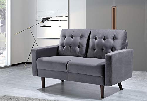 Container Furniture Direct Celestina Mid Century Modern Velvet Upholstered Living Room Sofa Set, 2 Piece, Grey