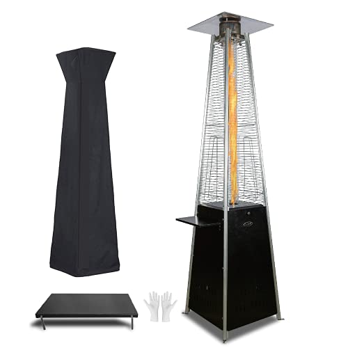 FOOWIN Patio Propane Heater Outdoor Patio Heater 48,000 BTU Pyramid Outdoor Heater Glass Tube Patio Heater Propane Gas Patio Heaters for Outdoor Use with Wheels,Cover,Ground Nails,Detachable Table