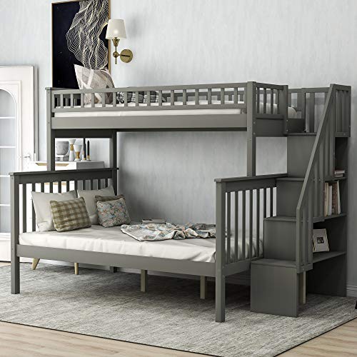 Twin Over Full Bunk Bed, Solid Wood Bed Frame with Stairs and Storage for Kids and Teenagers, Grey