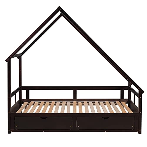 Extending Daybed with Two Drawers, Wooden House Bed Tent Bed with Drawers, No Box Spring Needed, Espresso