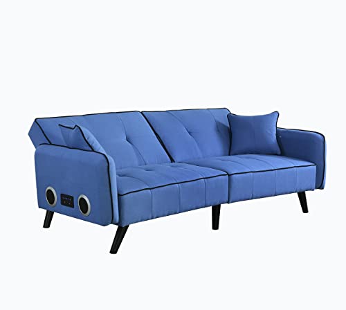 Convertible Futon Sofa Bed with Bluetooth Speaker, Modern Linen Upholstered Sleeper Loveseat Couch Home Furniture with Adjustable Backrest and 2 Pillows for Living Room, Bedroom, Office (Blue)