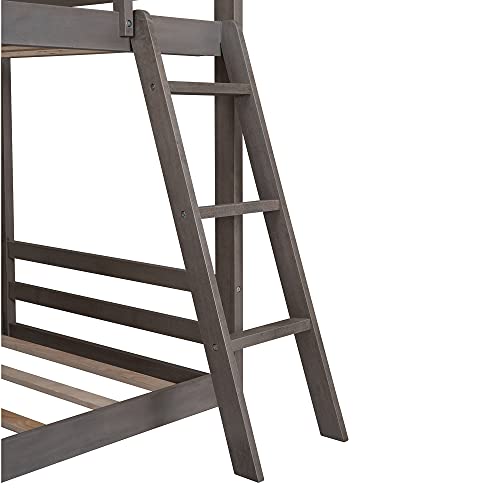 Twin Bunk Beds with Slide, Wood House Beds with Roof and Guardrail for Kids, Toddlers, Teens, Boys & Girls, No Box Spring Needed (Gray with Slide)