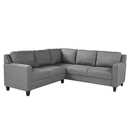 MERITLINE Sectioanl Sofa with Ottoman, Fabric L-Shaped Sectioanl Sofa Living Room Couch Set of 4 (Nail Trim-Grey)