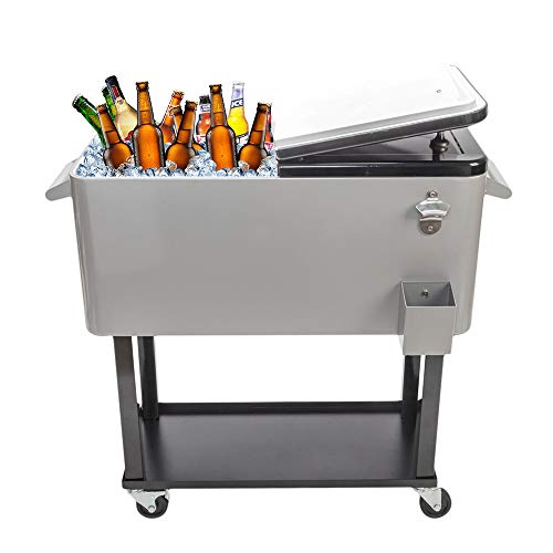 SSLine Portable Rolling Patio Cooler Ice Chest with Wheels Outdoor Cold Drink Beverage Bar Cart with Storage Shelf & Bottle Opener Home Deck Backyard Party Cooler Tub Trolley Cart -Grey