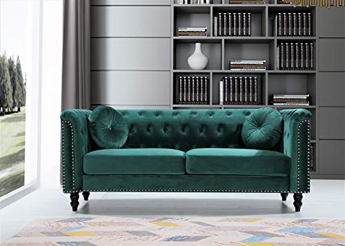 US Pride Furniture Modern Style High Density Foam 75.98'' Wide Emerald Green Velvet Rolled Arm Chesterfield Living Room Removable Cushion & Solid Wood Legs (S5608-5613) Sofas
