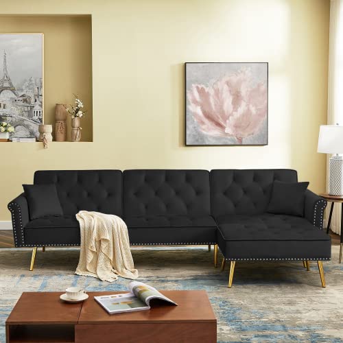 Modern Reversible Upholstered Sectional Sofa Couch with Ottoman, L-Shape Velvet Convertible Soft Sleeper Bed Nailhead Trim for Living Room Office (Black)