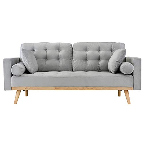 Casa Andrea Milano LLC Mid Century Modern Tufted Upholstered Fabric Sofa Couch, Light Grey Velvet