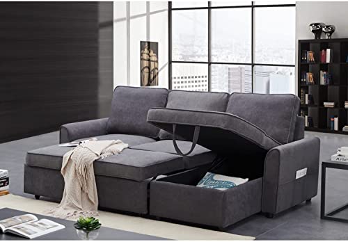 GAOPAN L-Shaped Linen Fabric 3 Seater Corner Couch Sectional Sofa Convertible Sleeper CouchBed for Living Room Bedroom, Pull-Out SofaBed with Reversible Storage Chaise Lounge & Side Pockets, Grey