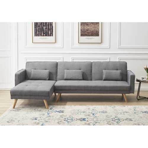 Modern L-Shape Sectional Sofa Bed for Living Room, 3-Seater Upholstered Convertible Folding Sleeper Couch with Solid Wood Legs