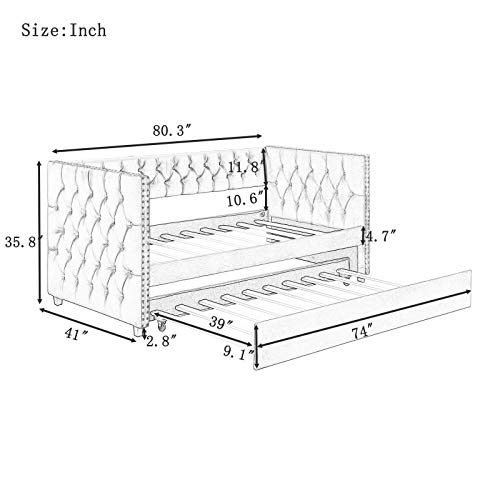 SOFTSEA Twin Daybed with Trundle, Tufted Sofa Bed with Nailhead Trim, Upholstered Daybed Frame, Grey