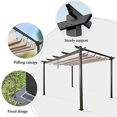 Patio Tree 10' x 13' Aluminum Pergola with Sun Shade Gazebo Beige Canopy, UV Resistant Fabric