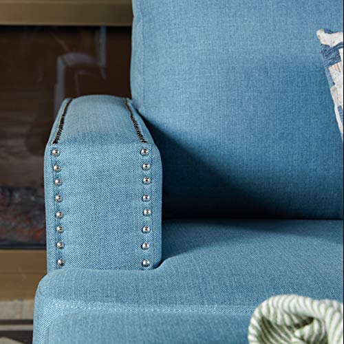 Top Space Loveseat Couch Modern Upholstered Mid Century Sofa Casual Arm Chair/Ottoman Linen Fabric Footstool Rivet Design Household Change Shoe Bench Sofa Living Room Furniture(2 PCs, Blue)