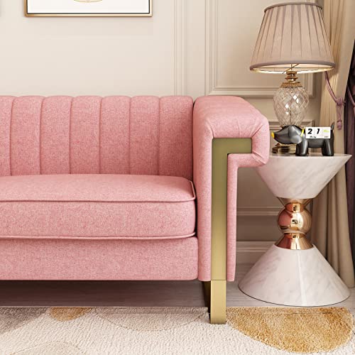 Chesterfield Sofa with Tufted Upholstered,Modern Velvet Couch with Flared Arms and Removable Cushions,83.85 Inch Width Living Room Furniture,Solid Wood Frame and Gold Legs,Pink