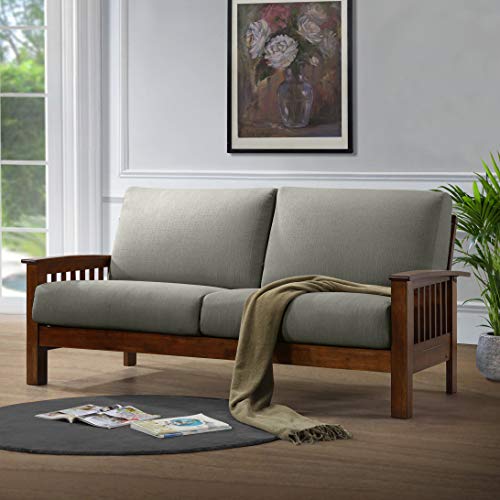 Domesis Mission Style Sofa with Exposed Cherry Wood Frame in Dove Gray Linen