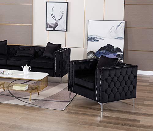 Lilola Home Lorreto Black Velvet Chair, Nailhead Trim, Handmade Button Tufted with Chrome Metal Legs
