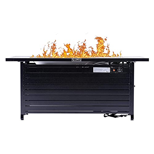57 Inch 50000BTU Extruded Aluminum Outdoor Gas Propane Fire Pit Pits Firepit Fireplace Dinning Table Tables with Lid, Fire Glass, Retangular, ETL Certification, for Garden Backyard Deck Patio