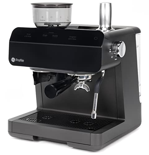 GE Profile Semi Automatic Espresso Machine + Steam Frother | Italian-Made 15 Bar Pump for Balanced Extraction | 15 Adjustable Grind Size Levels | WiFi Connected for Drink Customization | Black