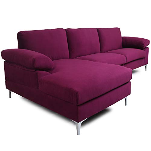 Purple Sectional Sofa with Lounger Chaise,JULYFOX Overstuffed 3 Seater Velvet Fabric Couch L-Shaped Sofa Extra Wide Armrest 42.5 inch Longer Lounger Chaise