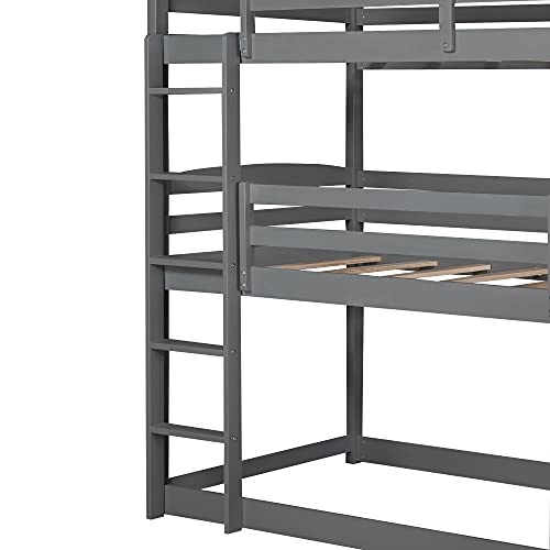 Wood Triple Bunk Bed, Twin-Over-Twin-Over-Twin Bunk Bed, Wooden Triple Bed Frame with Built-in Ladder and Guardrails for Kids (Gray)