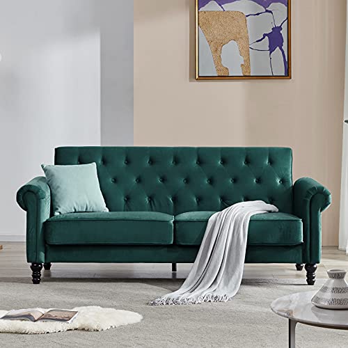 Classic Velvet Sofa Couch, Upholstered Loveseat Tufted Sofa with Scroll Arms for Living Room, Bedroom, Apartment (Green)