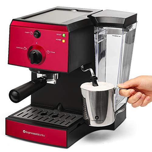 Espresso Machine & Cappuccino Maker with Milk Steamer- 15 Bar Pump, 7 Pc All-In-One Barista Bundle Set w/ Built-in Frother (Inc: Coffee Bean Grinder, Milk Frothing Cup, Tamper & 2 Cups), 1350W (Red)