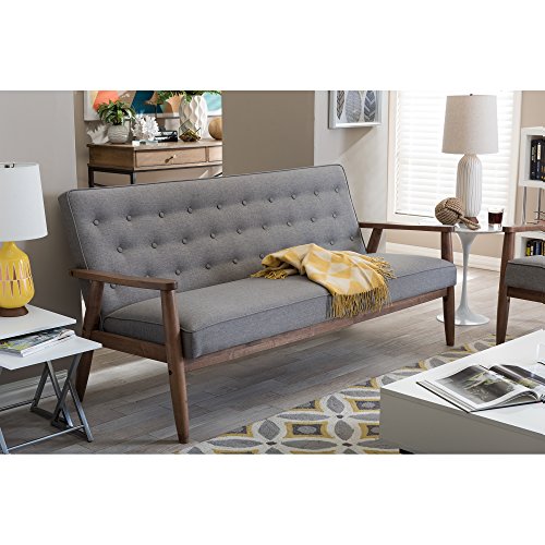 Baxton Studio Sorrento Mid-Century Retro Modern Fabric Upholstered Wooden 3-Seater Sofa, Grey