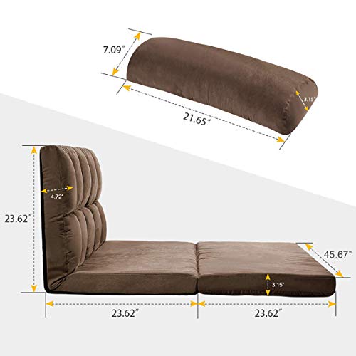 DANGRUUT Thicken Floor Double Chaise, Folding Lounge Sofa/Couch Bed, Floor Gaming Chairs, Adjustable Fabric Lazy Sofa Softly Cushioned with Two Pillows for Living Room and Bedroom (Brown)