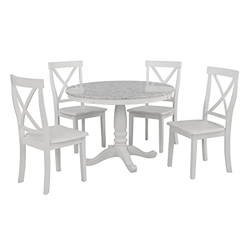 Timpfee Harper Bright Designs 5 Piece Dining Set Rubber Wood/ 1 Table with Marble Top and 4 Chair/Kitchen Room Dining Room Furniture (White)