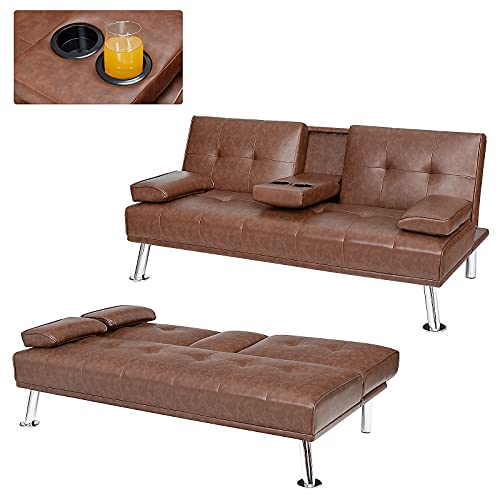 POWERSTONE Leather Futon Sofa Bed Convertible Folding Couch for Living Room Sectional Sleeper Sofa for Small Space with Cup Holder and Removable Armrest Brown