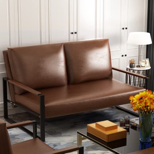 AWQM Mid-Century Loveseat and Accent Chair Set, Upholstered Modern Solid Faux Leather Armchair and Loveseat Sofa, 105 Degree Slant Back, Living Room Chair with Thick Padded Seat and Backrest- Brown