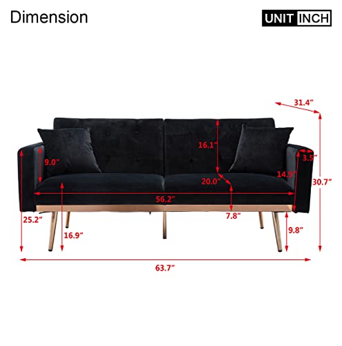 Modern Velvet Futon Sofa Bed, Convertible Sleeper Sofa with Pillows, Small Couch for Living Room, Black